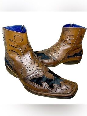 Mark Nason Italy Leather Brown Boots Sz 8 Pony Hair Stud Dragon Charm Square Toe